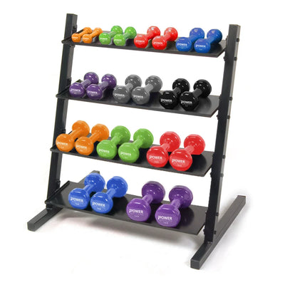 Power Systems Neoprene/Vinyl Dumbbell 4-Tier Rack with Deluxe Vinyl DB Prime Set 1-15 lbs